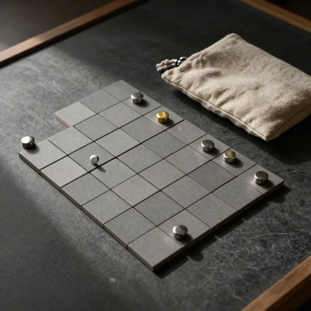 Macro overhead of planning tiles, magnetic markers, and linen pouch on a graphite board.