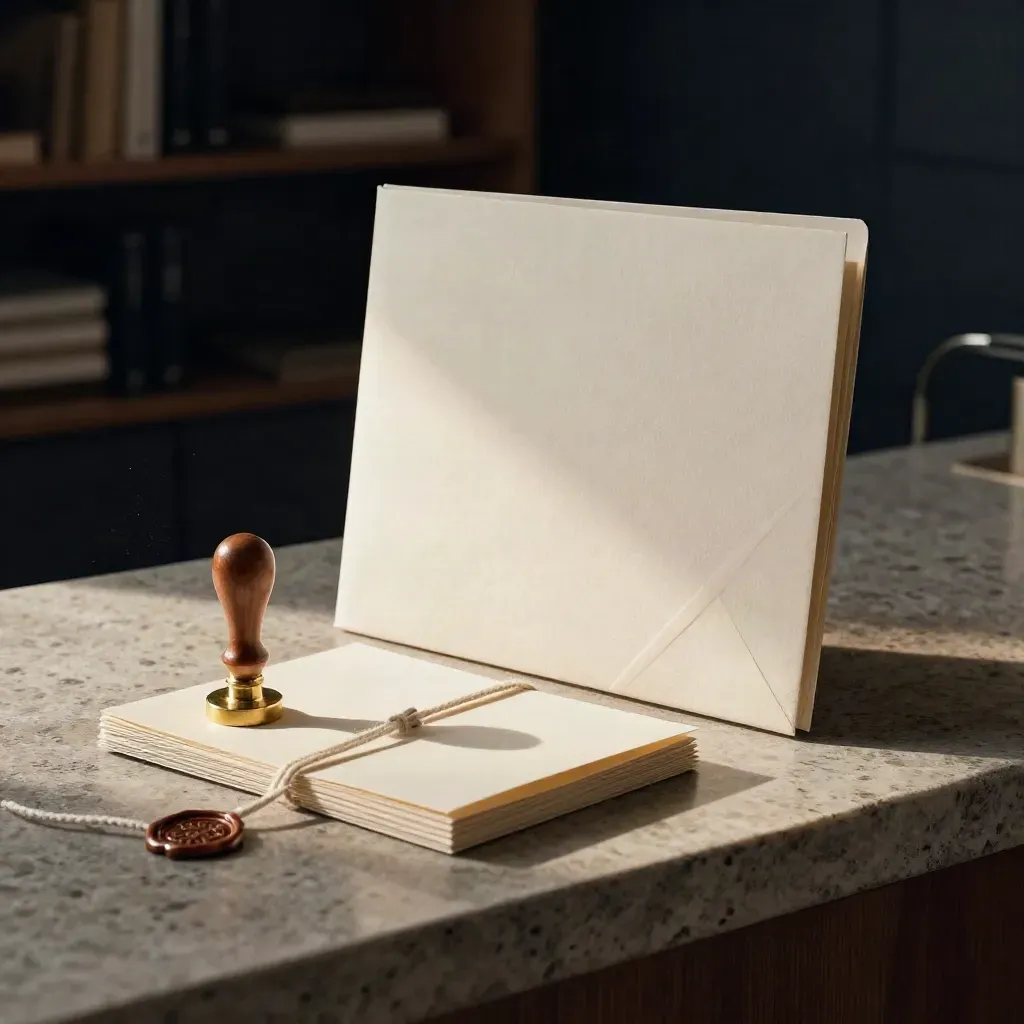 Sealed quotation folder, brass stamp and tied cream quote cards on a stone counter.