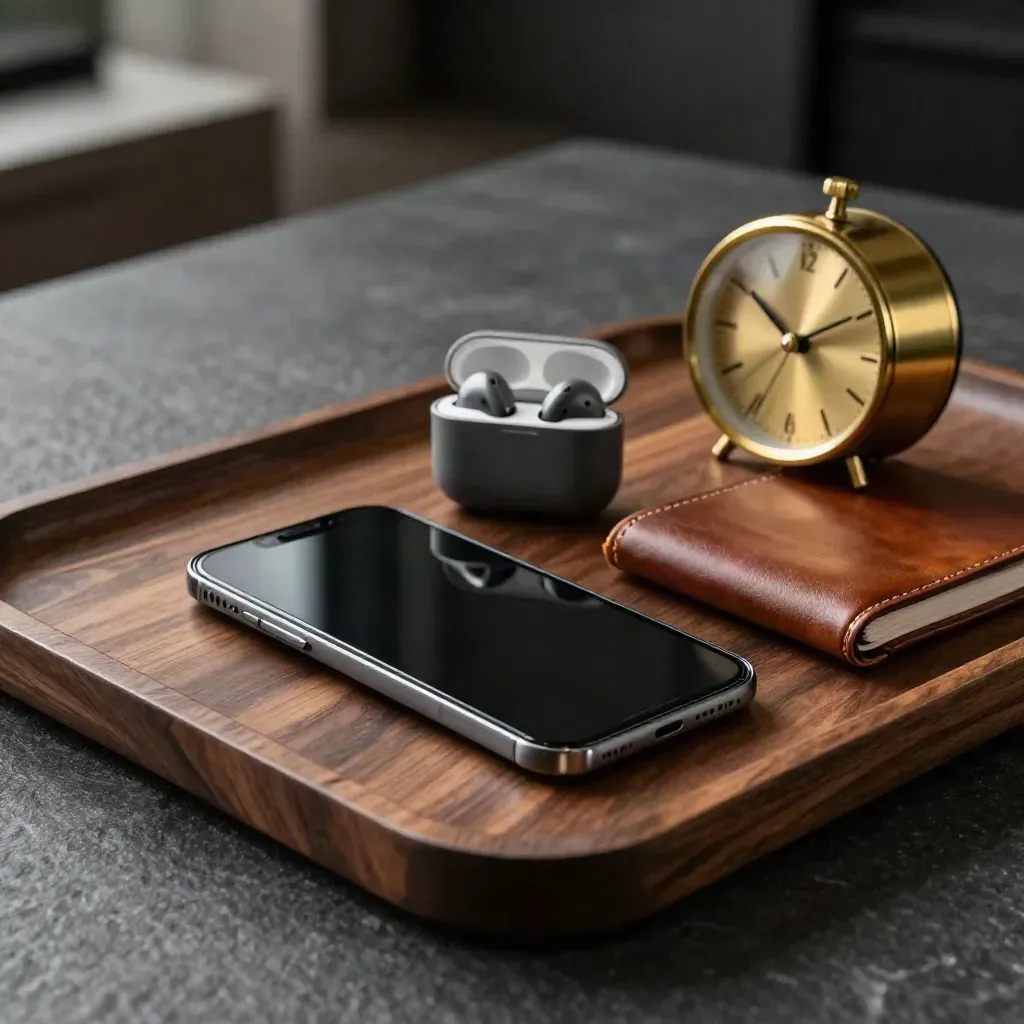 Face-down phone, diary, earbuds and brass clock on a walnut tray in soft light.