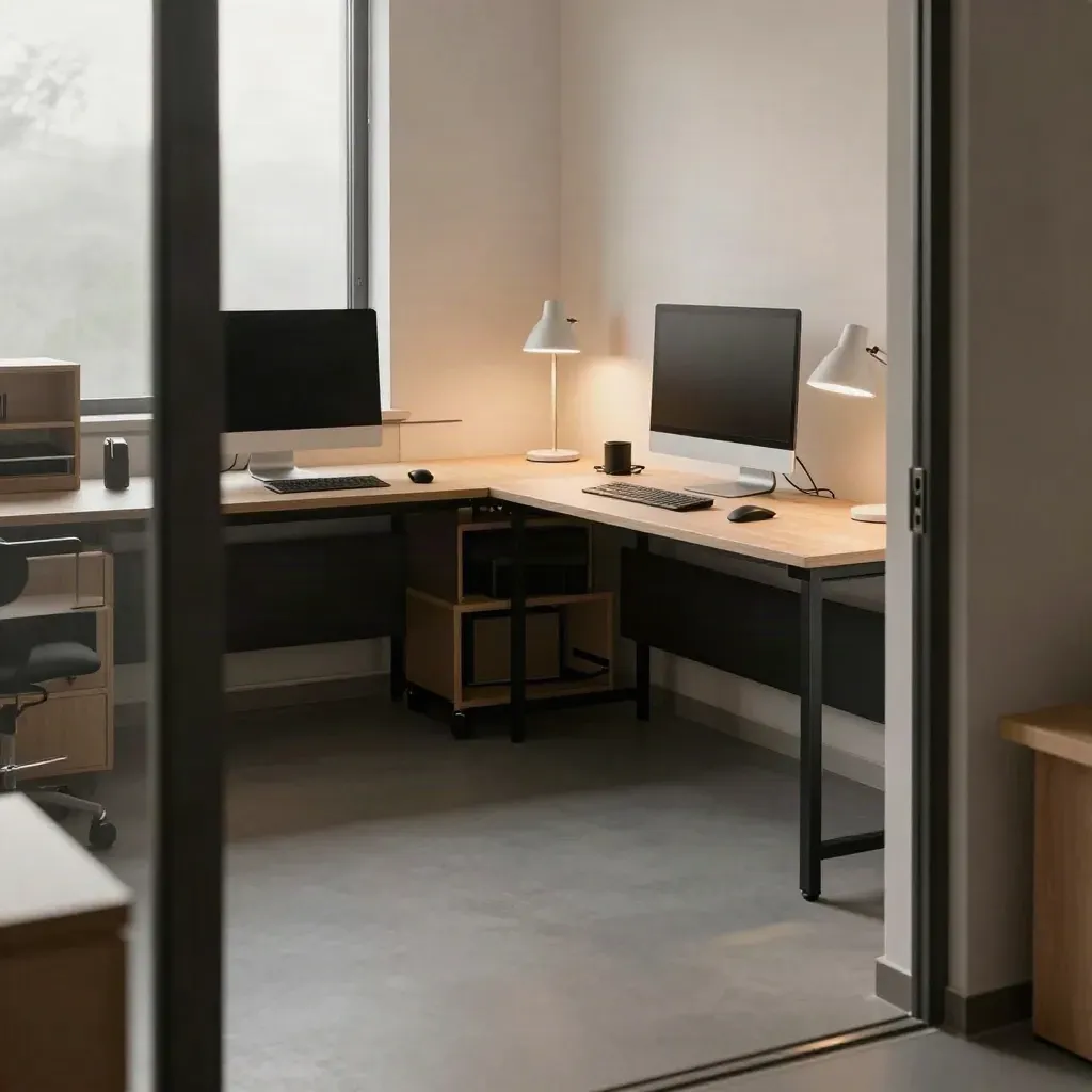 Empty creative studio corner with off monitors, lit task lamps and a calm open floor