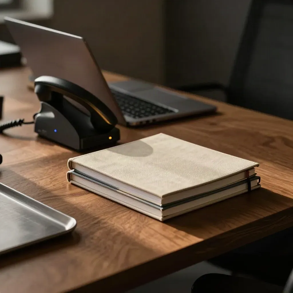 Closed laptop, docked phone and notebook stack on a warm executive desk under soft daylight.