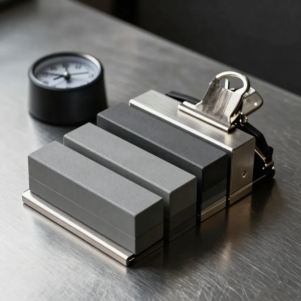 Magnetic task blocks, steel clips and a desk timer on brushed aluminium under dramatic light