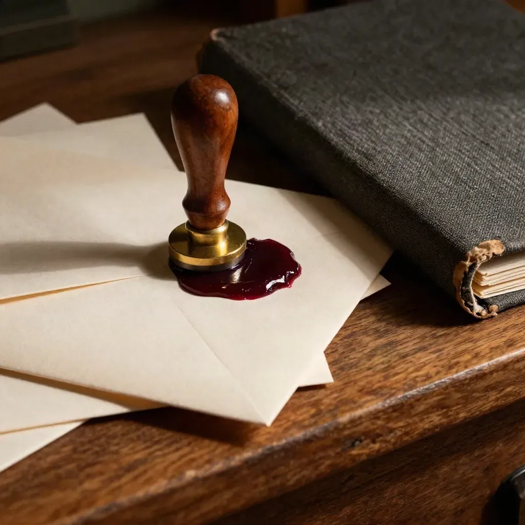 Wax seal stamp, cream envelopes and dark linen folio on a warm oak ledge.