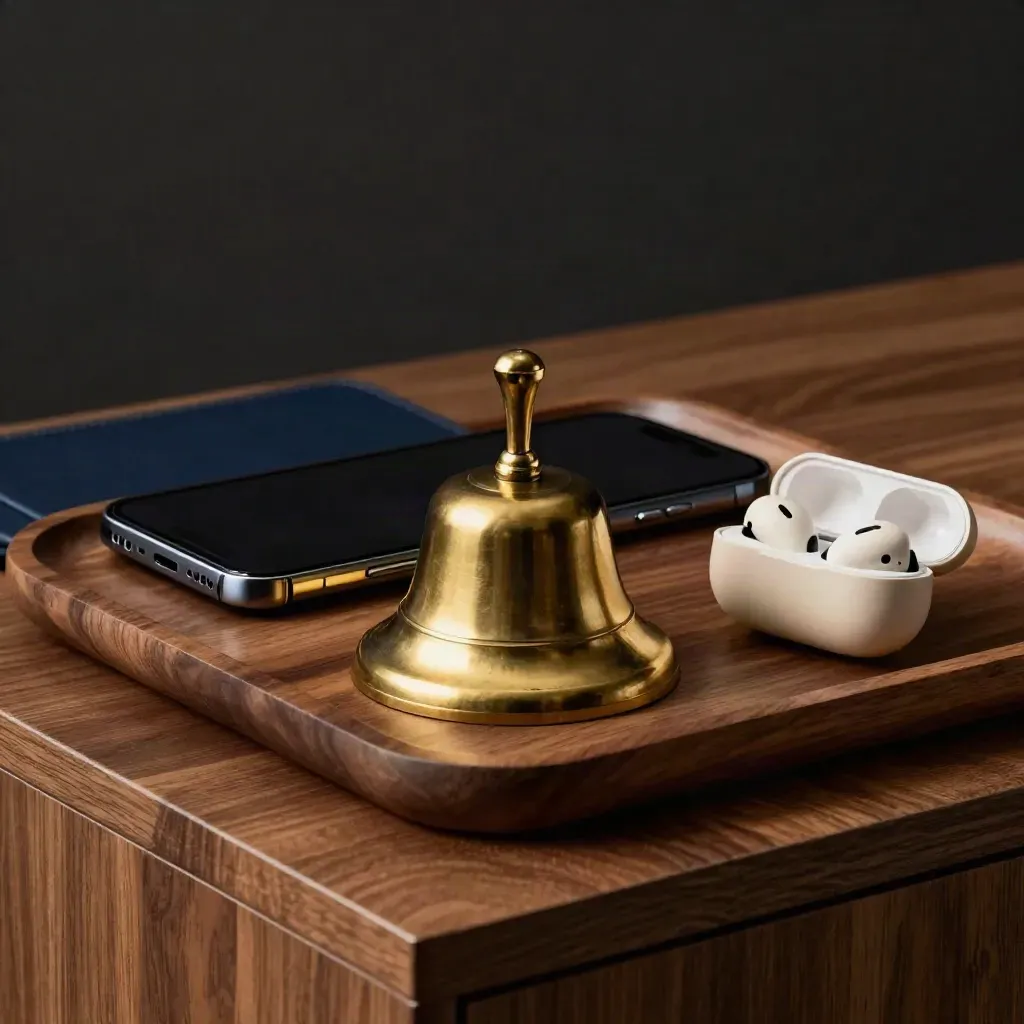 Brass bell, face-down phone and earbuds on a walnut tray in a dark executive nook.
