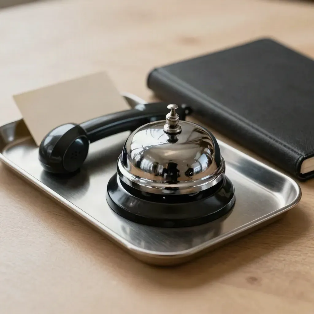 Lit desk bell, handset, and closed notebook on a brushed-metal tray in warm side light.