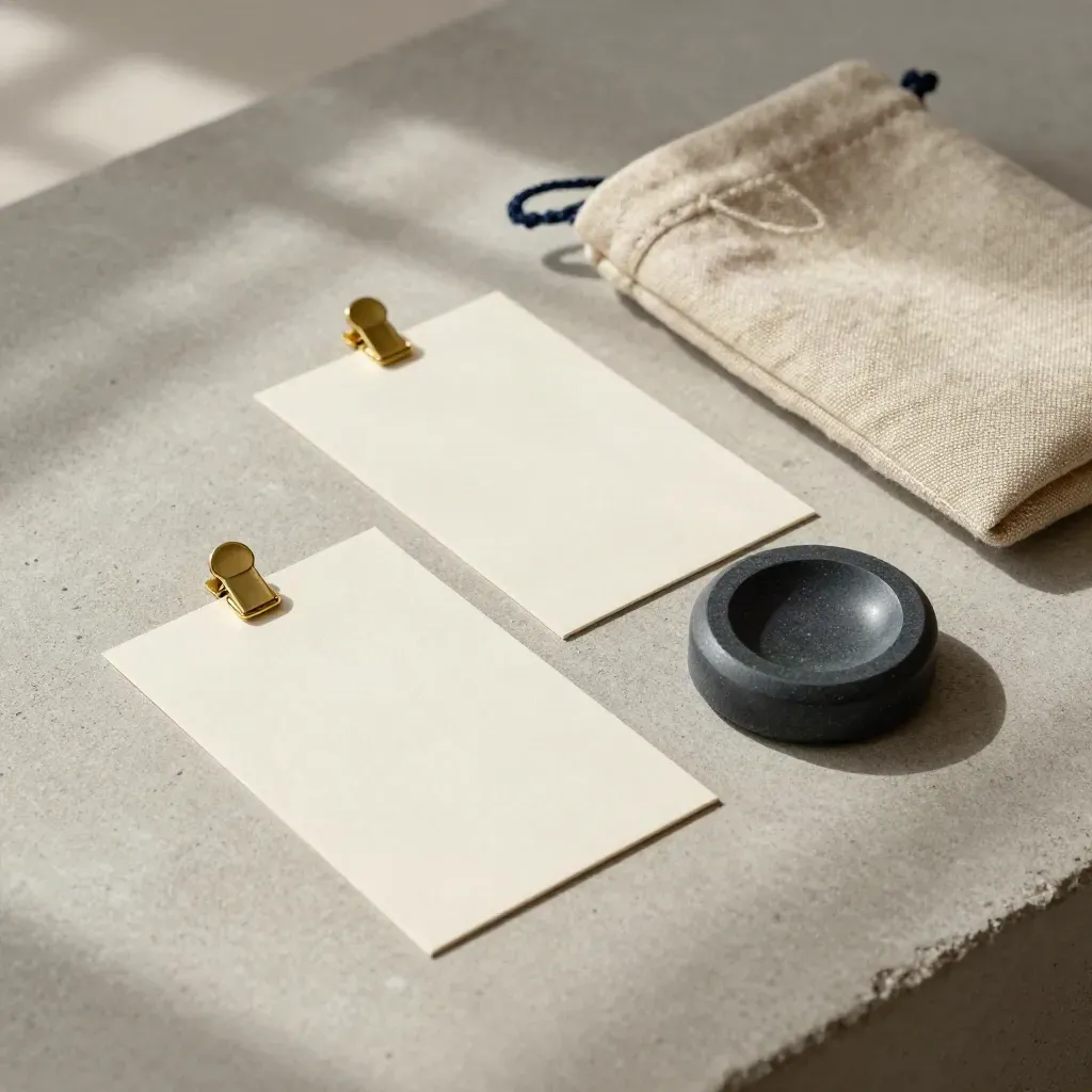 Overhead flatlay of cream scope cards, brass clips, linen pouch and stone paperweight on concrete.