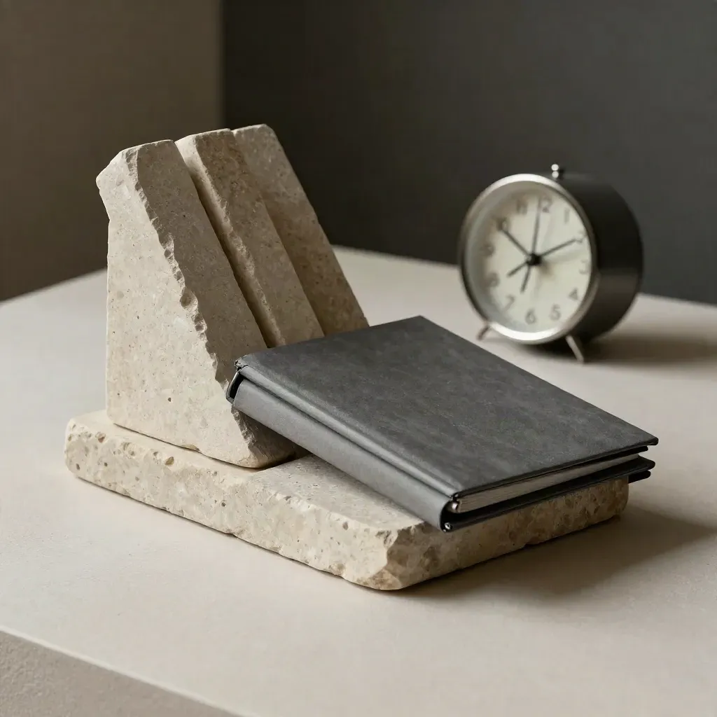 Stone markers, sealed folder and desk clock on a plaster sweep with soft side light.