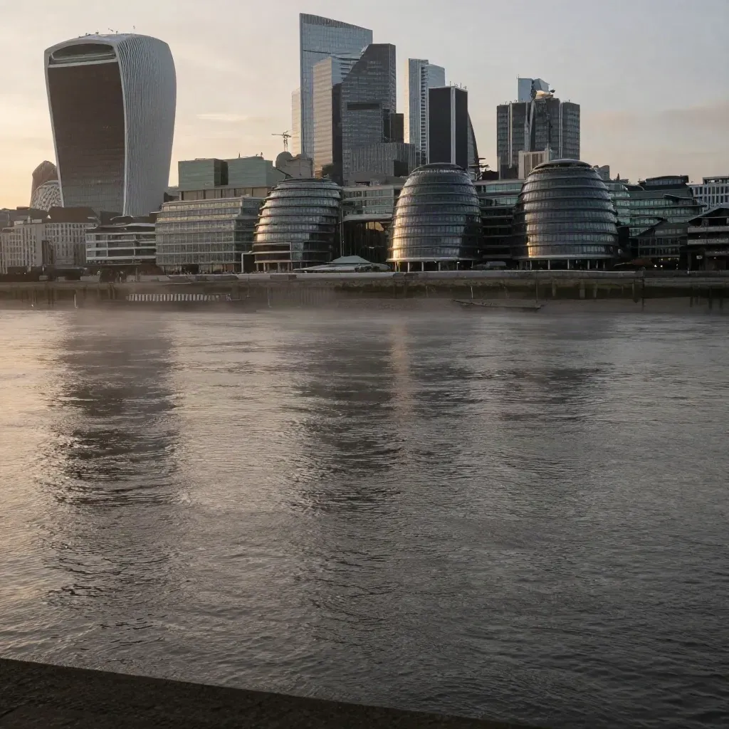 Thames mist below the South Bank skyline with a slim City shard above the river