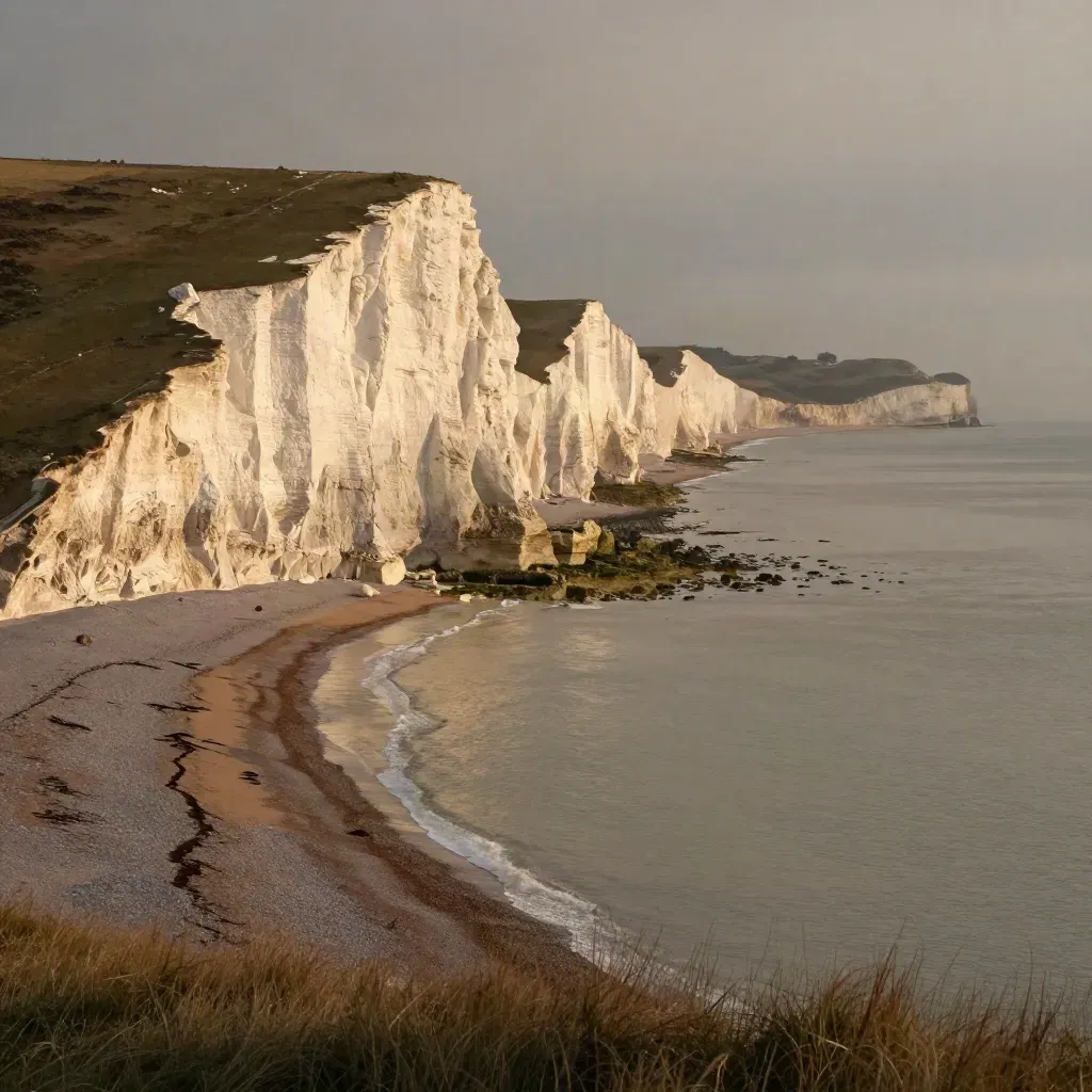 Golden chalk cliffs above a pale beach with silver tide sheen and sea mist.