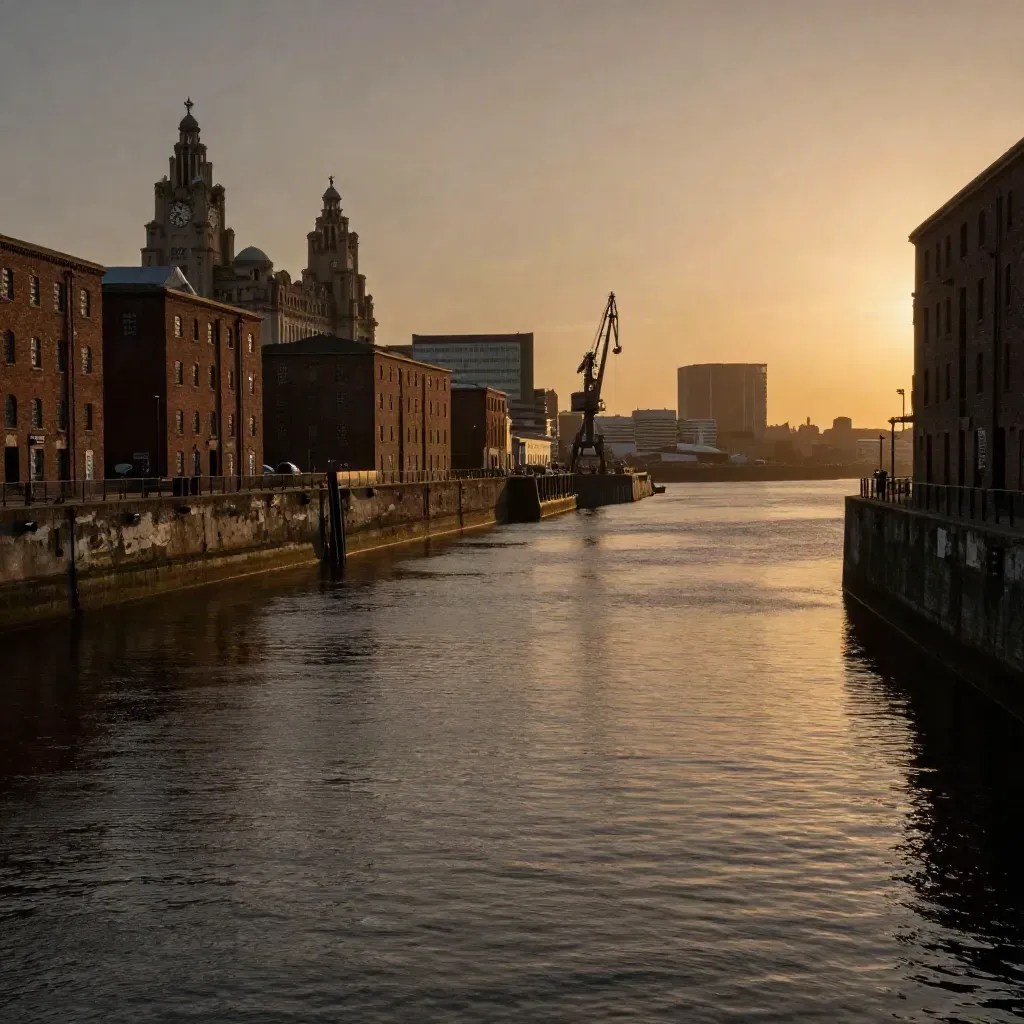 Liverpool waterfront at golden hour with dock reflections and hazy skyline.