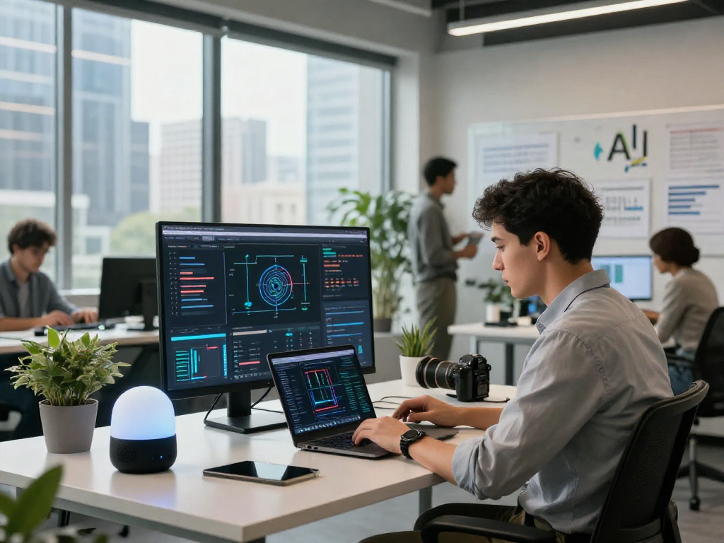 Professional tech workspace showcasing 18+ ai innovation with analytics and collaboration.